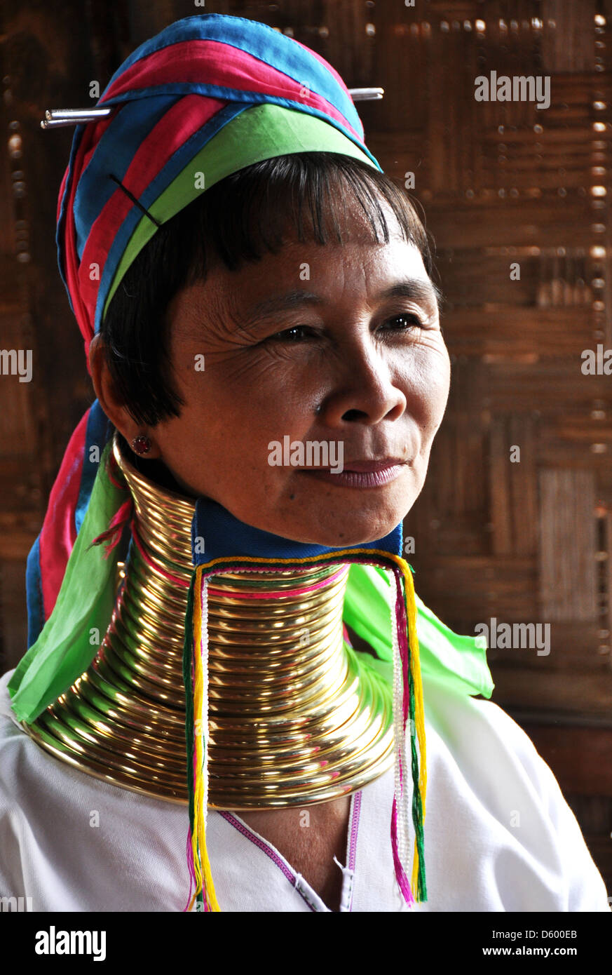 Portrait of a Padaung woman with neck rings, Myanmar Stock Photo