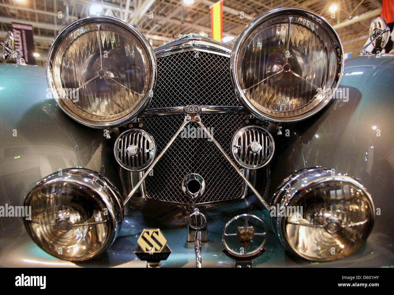 A Jaguar SS 100 from 1939 is on display at the trade fair Techno Classica in Essen, Germany, 10 April 2013. About 1250 exhibitors from 31 countries will present their oldtimers from 10 till 14 April 2013 at the biggest trade fair for oldtimers. Photo: ROLAND WEIHRAUCH Stock Photo