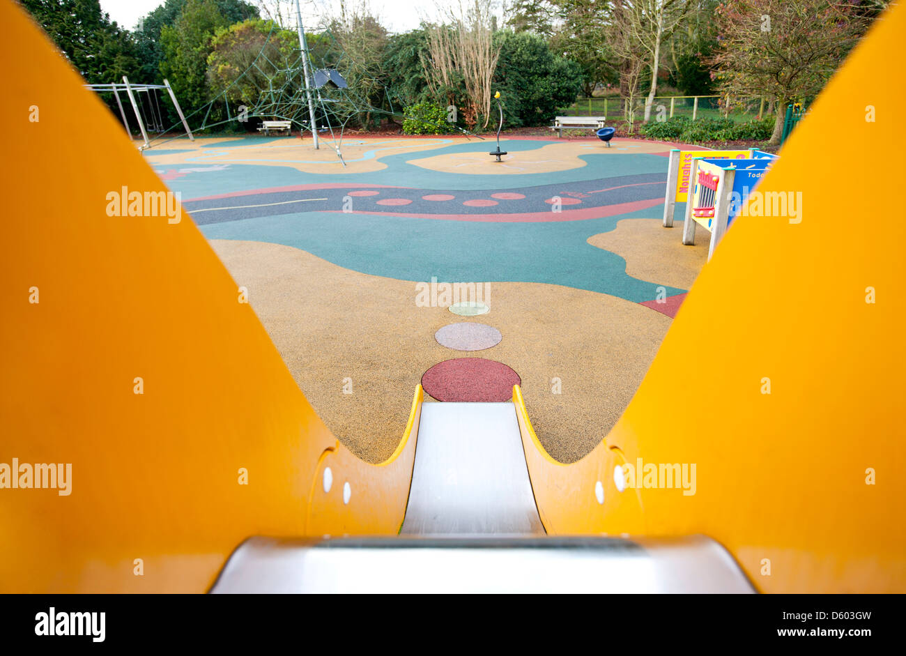 View down  slide in  playground Stock Photo