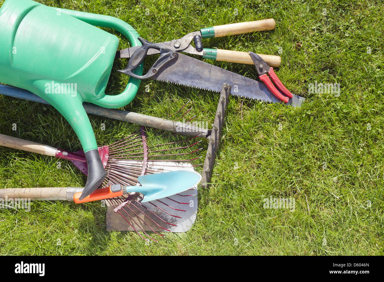 Used old garden tools background Stock Photo