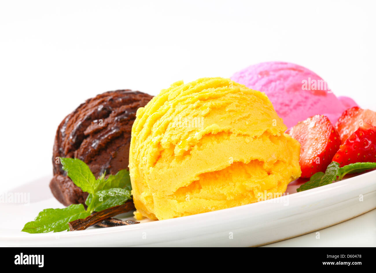 Three scoops of ice cream with different flavors Stock Photo Alamy