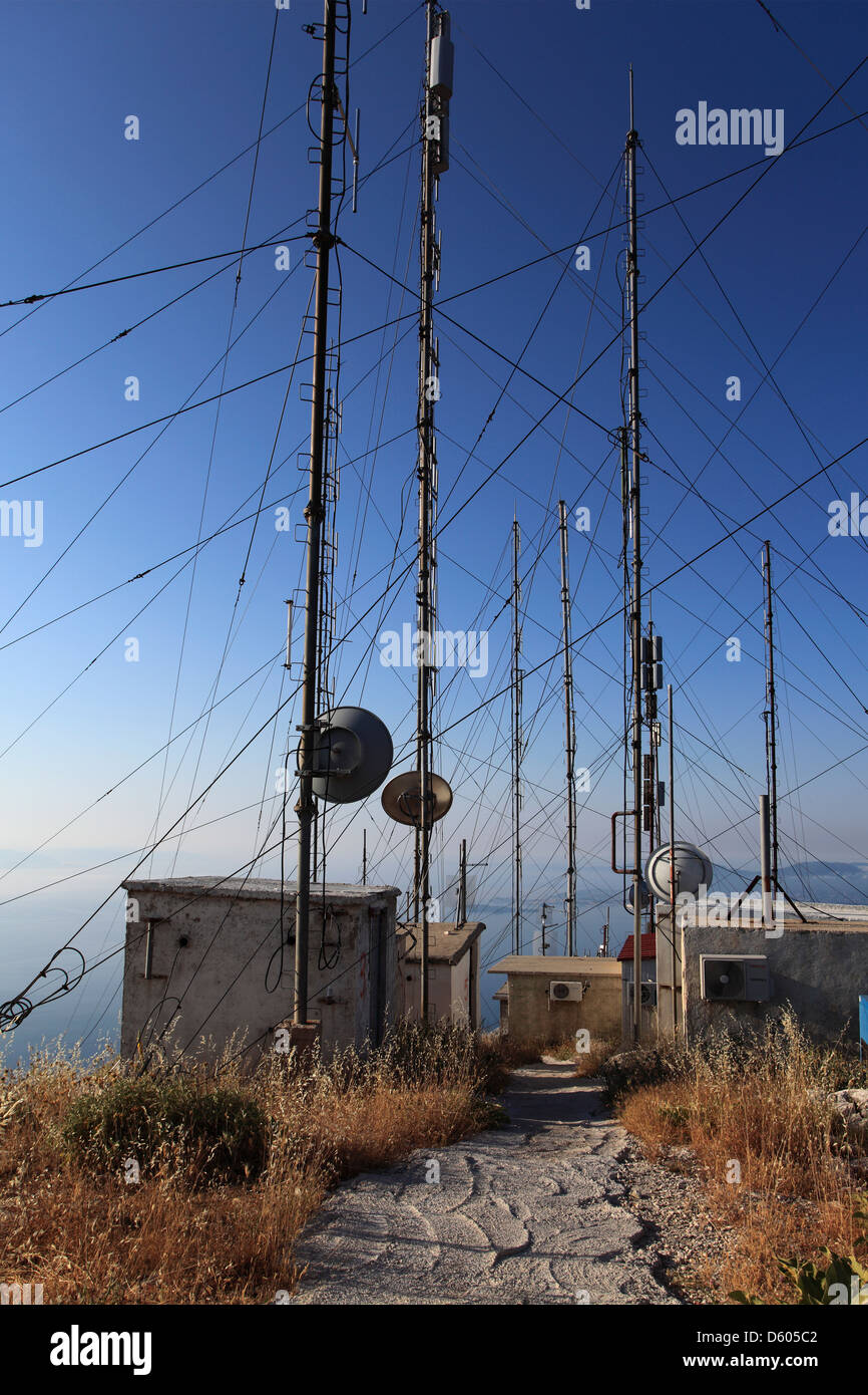 Communication Towers on the summit of Pantokrator Mountain, Municipality of Thimali, Corfu Island, Greece. Stock Photo