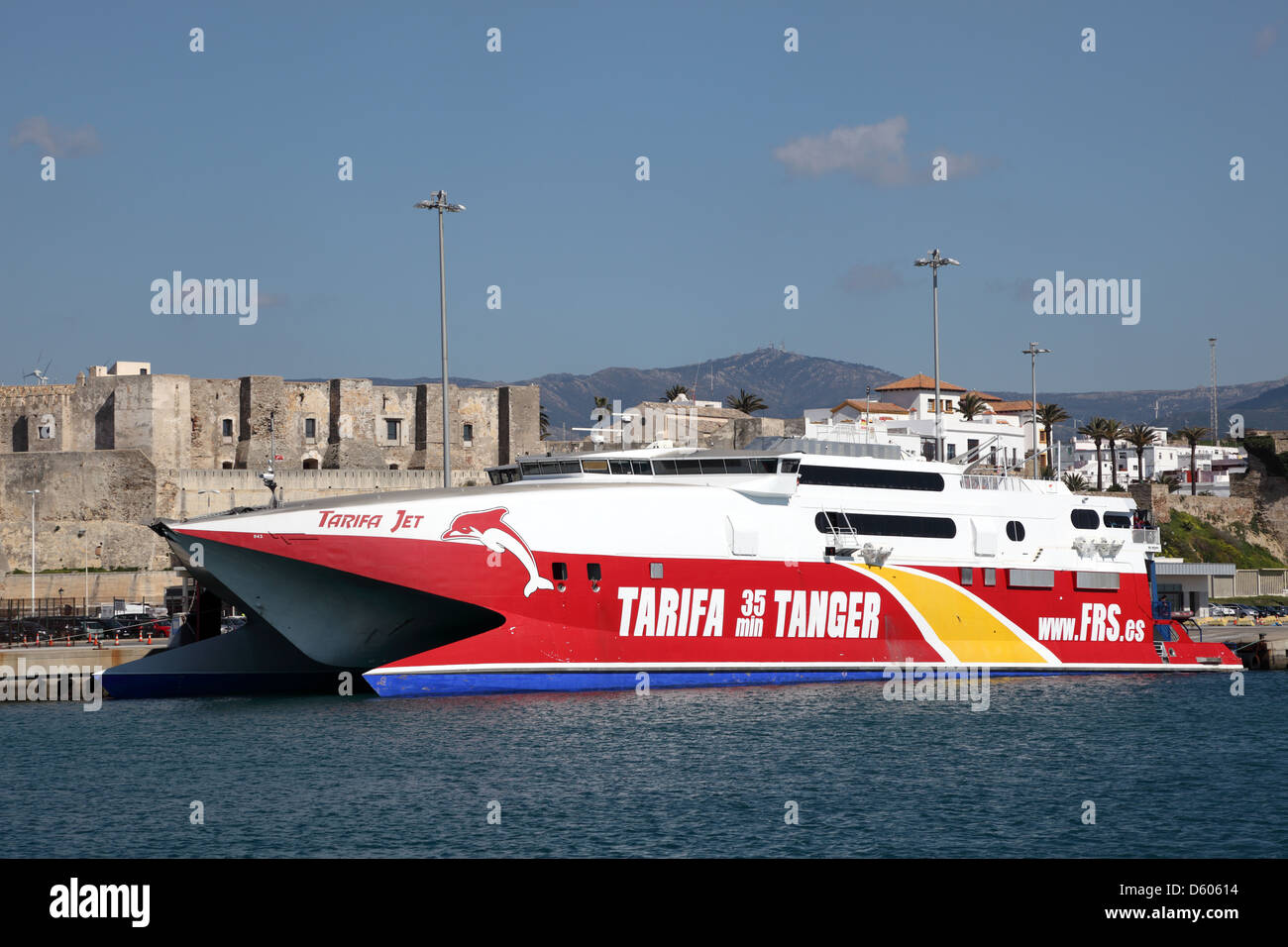 Fast ferry ship in the port of Tarifa. Andalusia, Spain Stock Photo