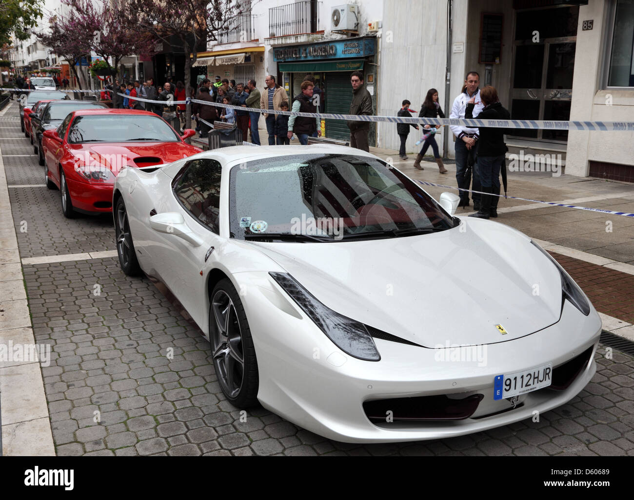 Ferrari sports cars in the street of Estepona, Andalusia Spain Stock