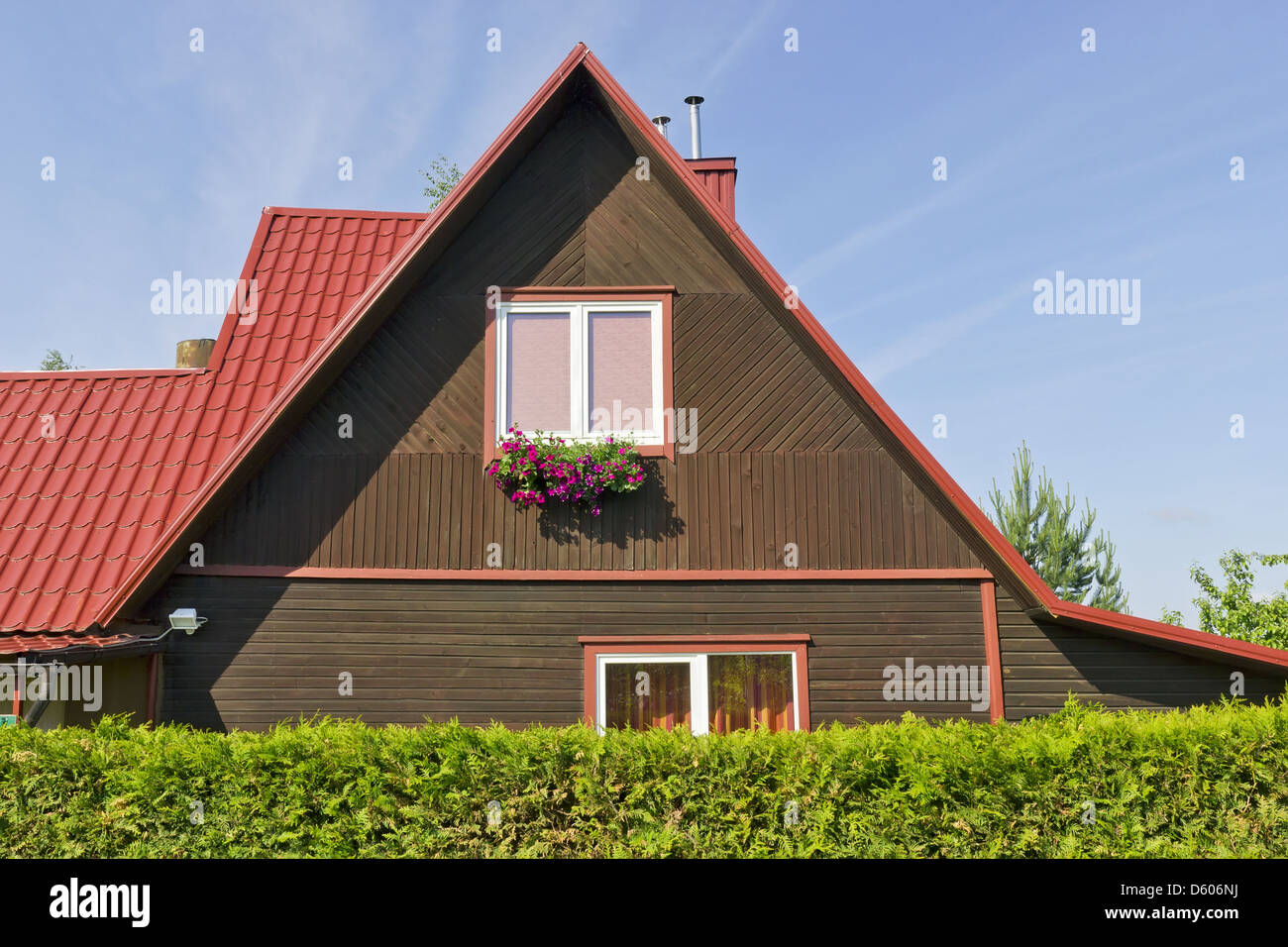 Red morning village home roof Stock Photo