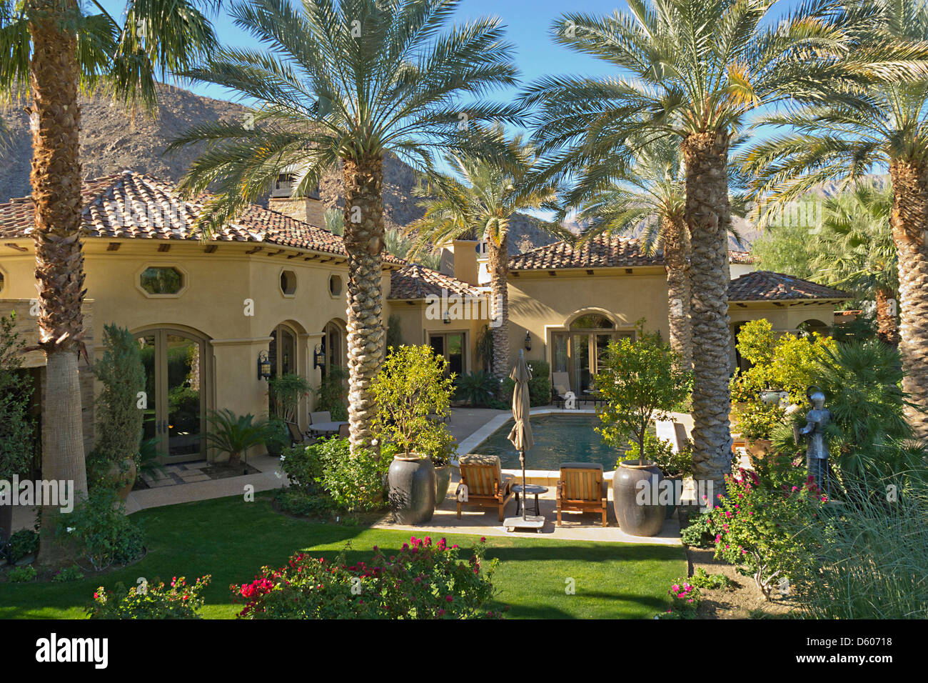 Rear entrance  of luxury villa with swimming pool Stock Photo