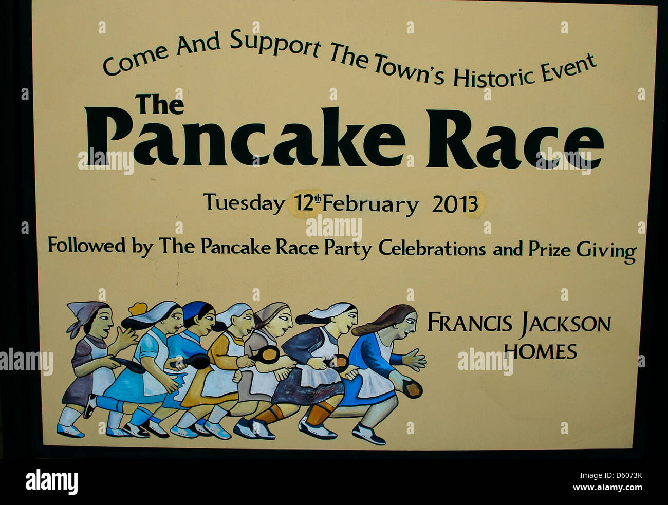 Pancake race sign in Olney Buckinghamshire UK Stock Photo Alamy