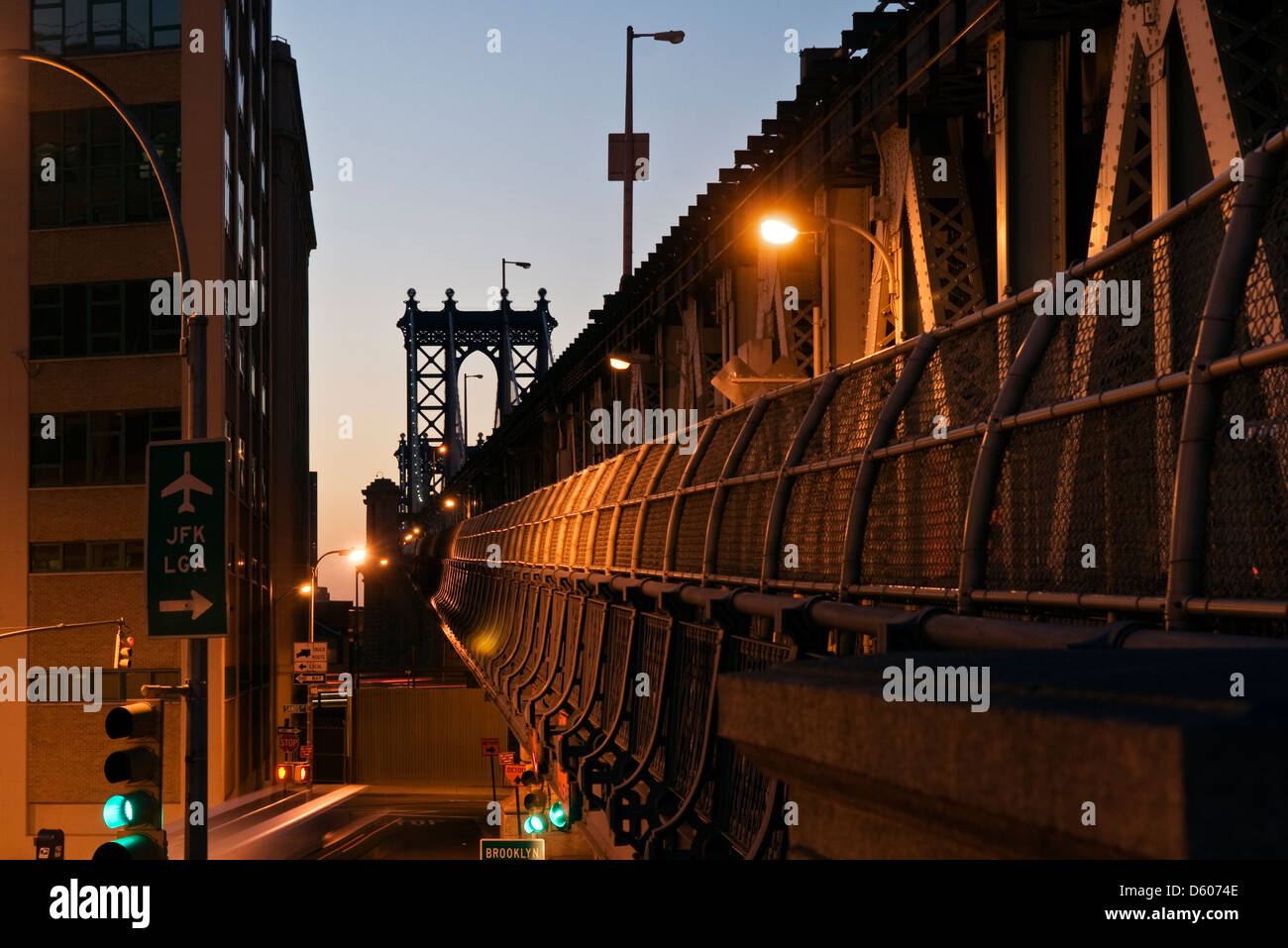 Manhattan Bridge, view from Brooklyn at dawn, New York, United States of America - Image taken from public ground Stock Photo