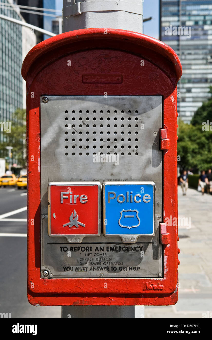 Red emergency phone for Police and Fire Department, New York City, New York, USA, PublicGround Stock Photo