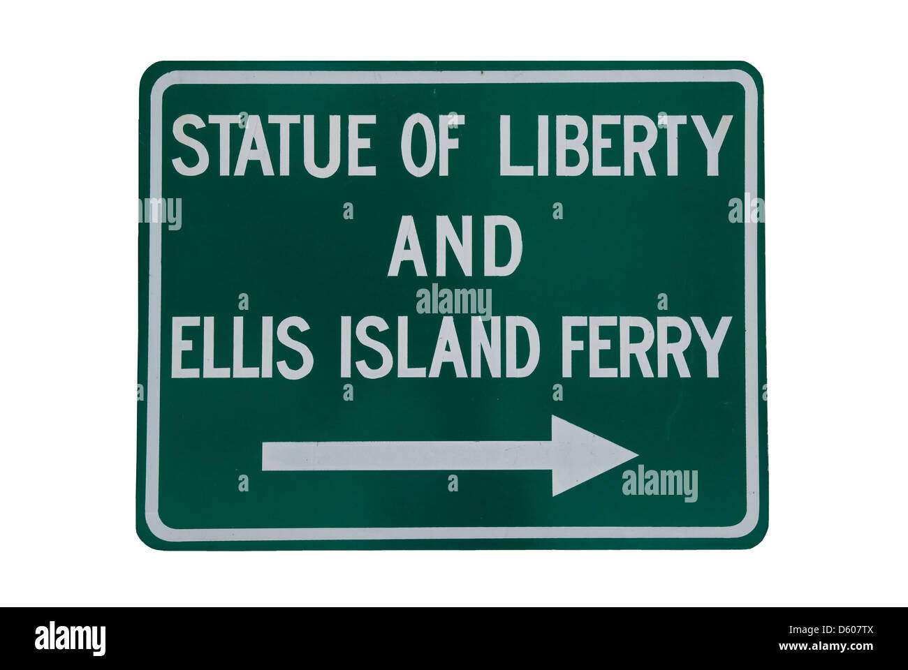 Cut out sign Statue of Liberty and Ellis Island Ferry, Manhattan, New York City, New York, USA Stock Photo