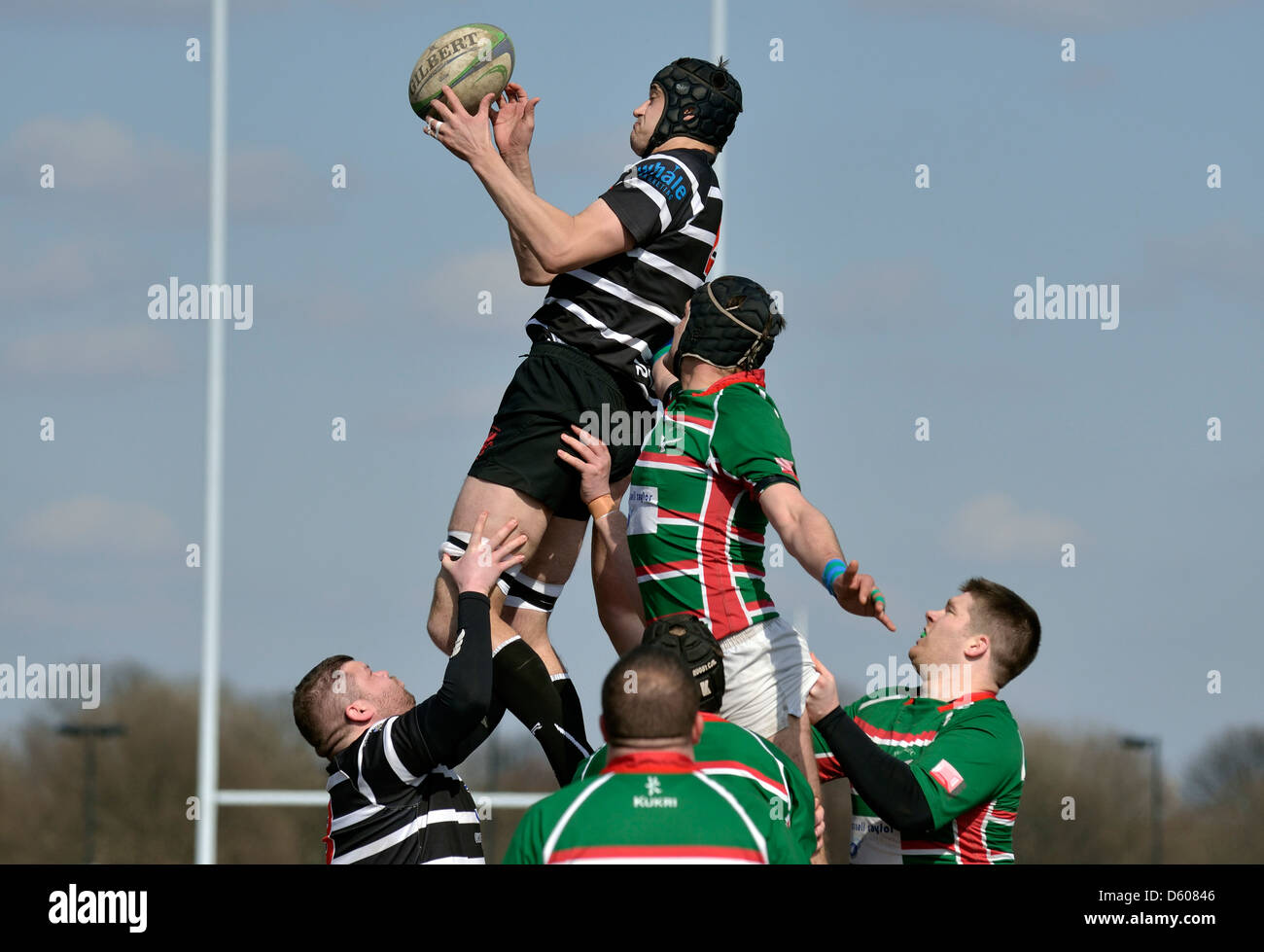 a broughton park player wins the ball at the line-out in the rugby union match between broughton park and hoylake Stock Photo