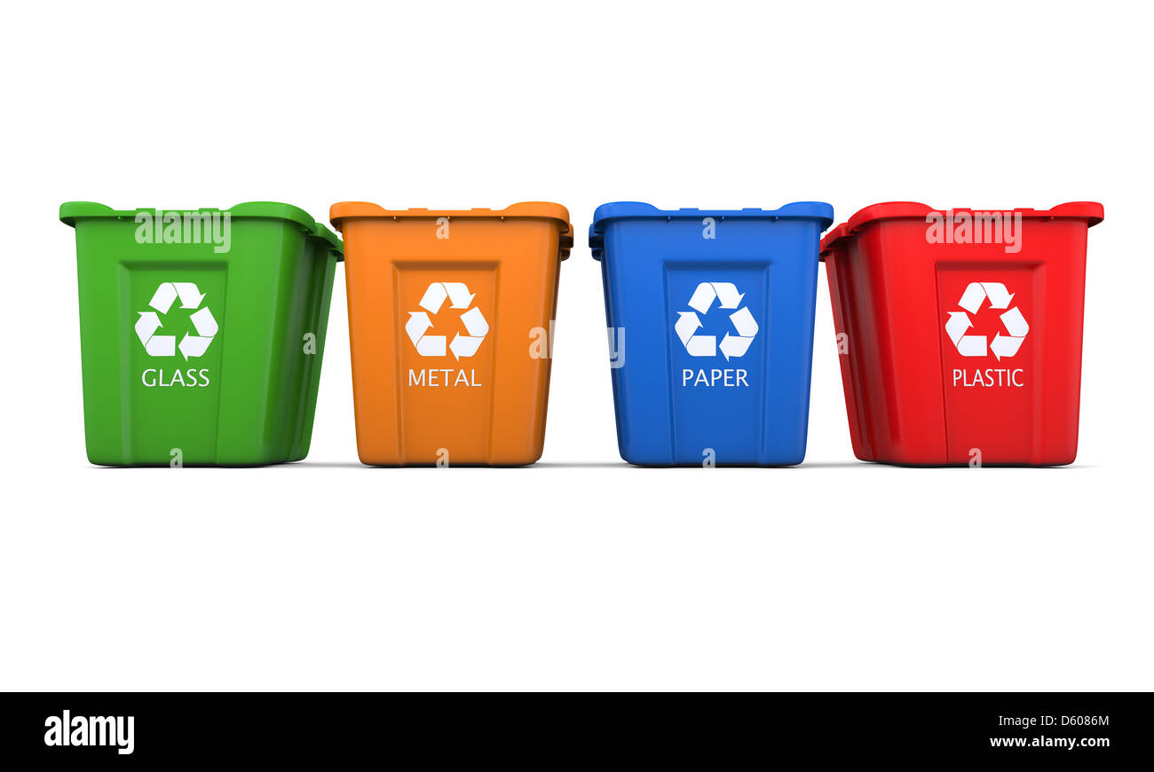 Colored empty recycle bins isolated on white background Stock Photo Alamy