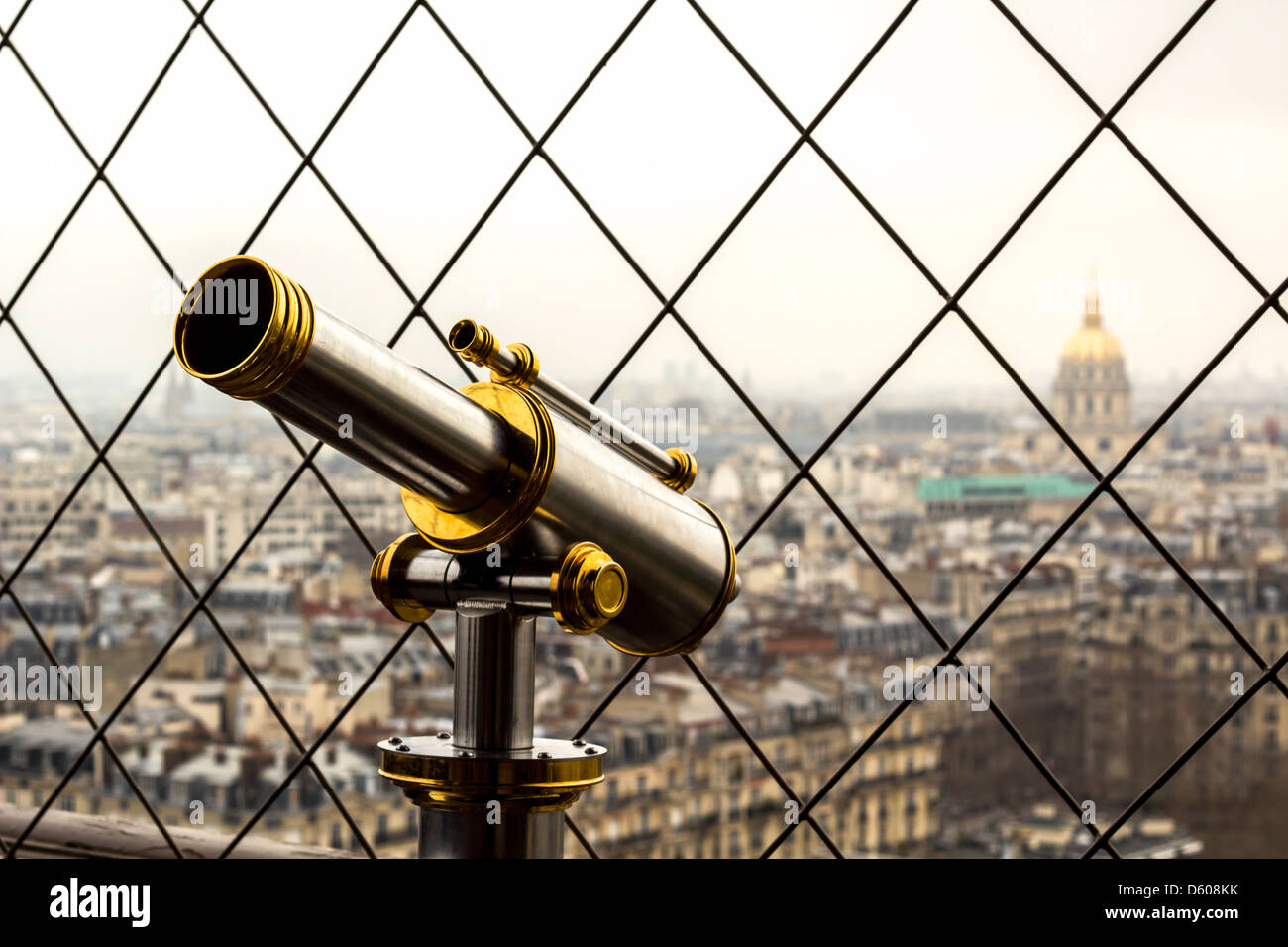 Observation Telescope on the 2nd level of the Eiffel tower, Paris, France Stock Photo