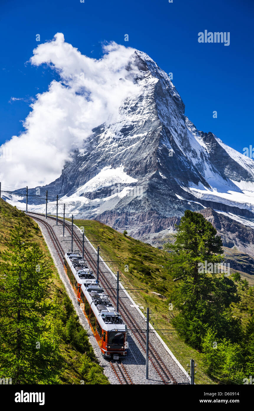 The Gornergratbahn is a 9 km long gauge mountain rack railway, from Zermat to Gornergratt near Matterhorn Stock Photo