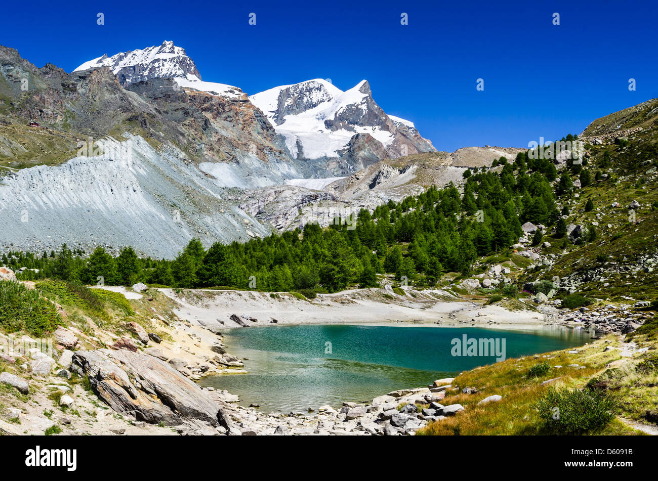 Grunsee, or Green Lake, is a small lake in Swiss Alps near Zermatt, fed by the Findel Glacier. Stock Photo
