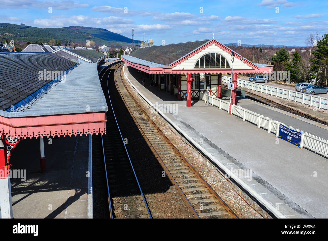 Aviemore railway station serves the town and tourist resort of Aviemore in the Highlands of Scotland. Stock Photo