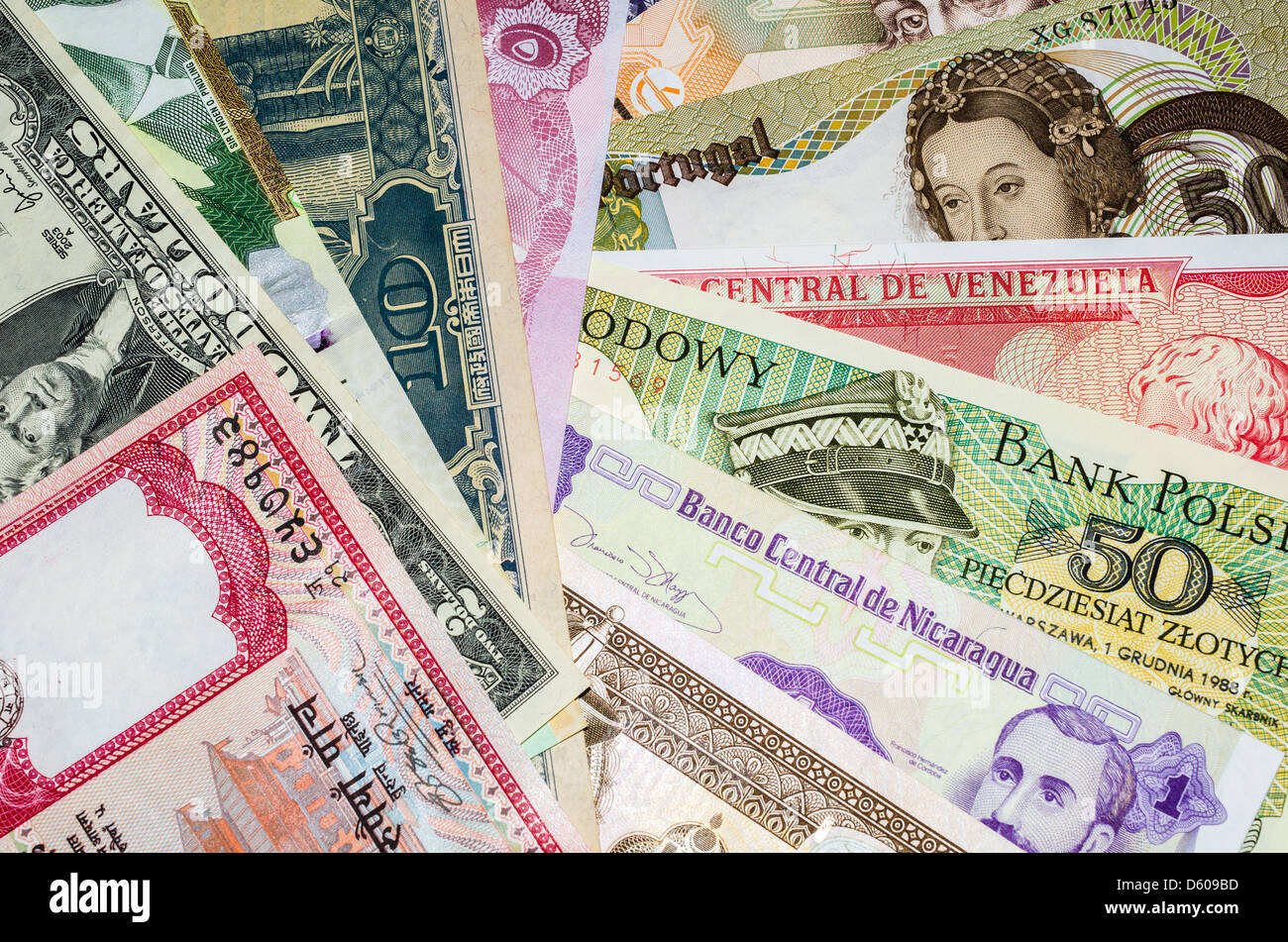 International currency with banknotes from different world countries. Stock Photo