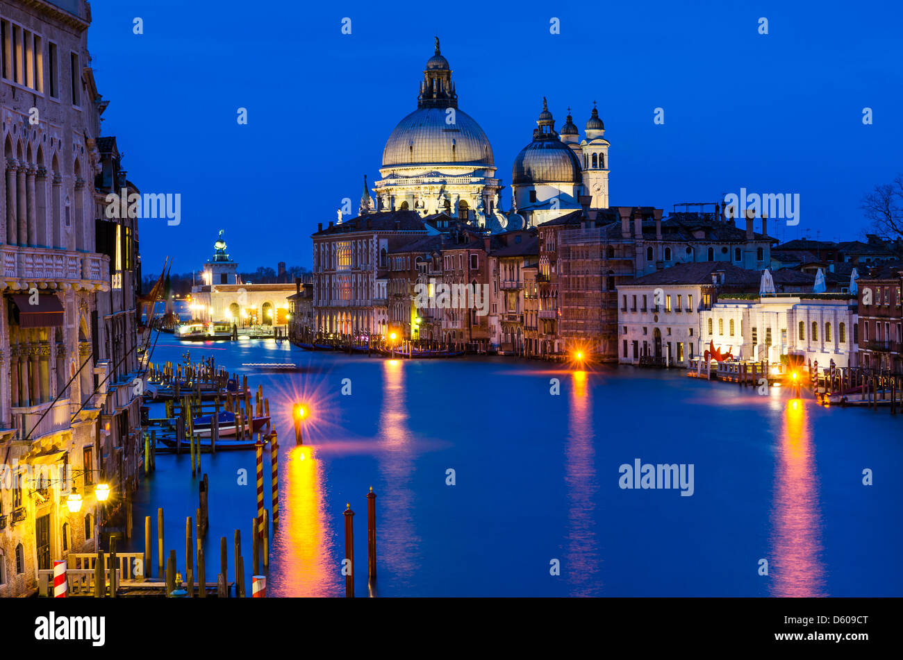 Twilight image of Grand Canal in Venice, with Santa Maria della Salute church. Italy landmark. Stock Photo
