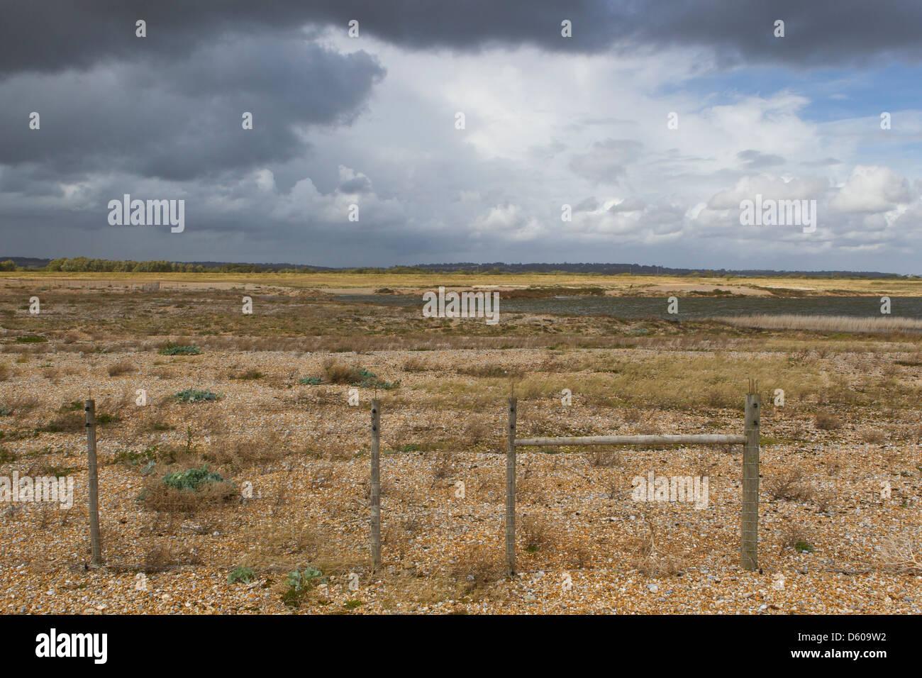 Landscape view of shallow lagoons surrounded by shinge, Rye Harbour nature reserve, East Sussex, UK in September 2012. Stock Photo