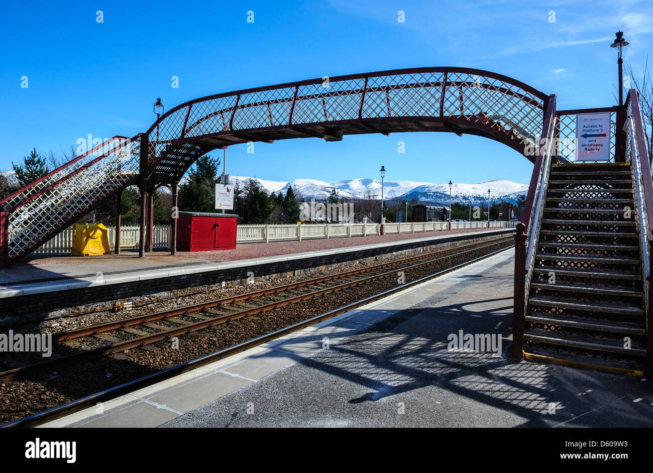 Aviemore railway station serves the town and tourist resort of Aviemore in the Highlands of Scotland. Stock Photo