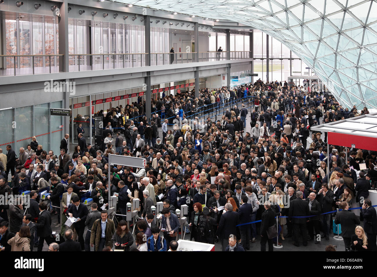 MILAN, ITALY, 9th Apr, 2013. Entrance during the opening day of Salone Internazionale del Mobile, Furniture fair in Milan. Stock Photo
