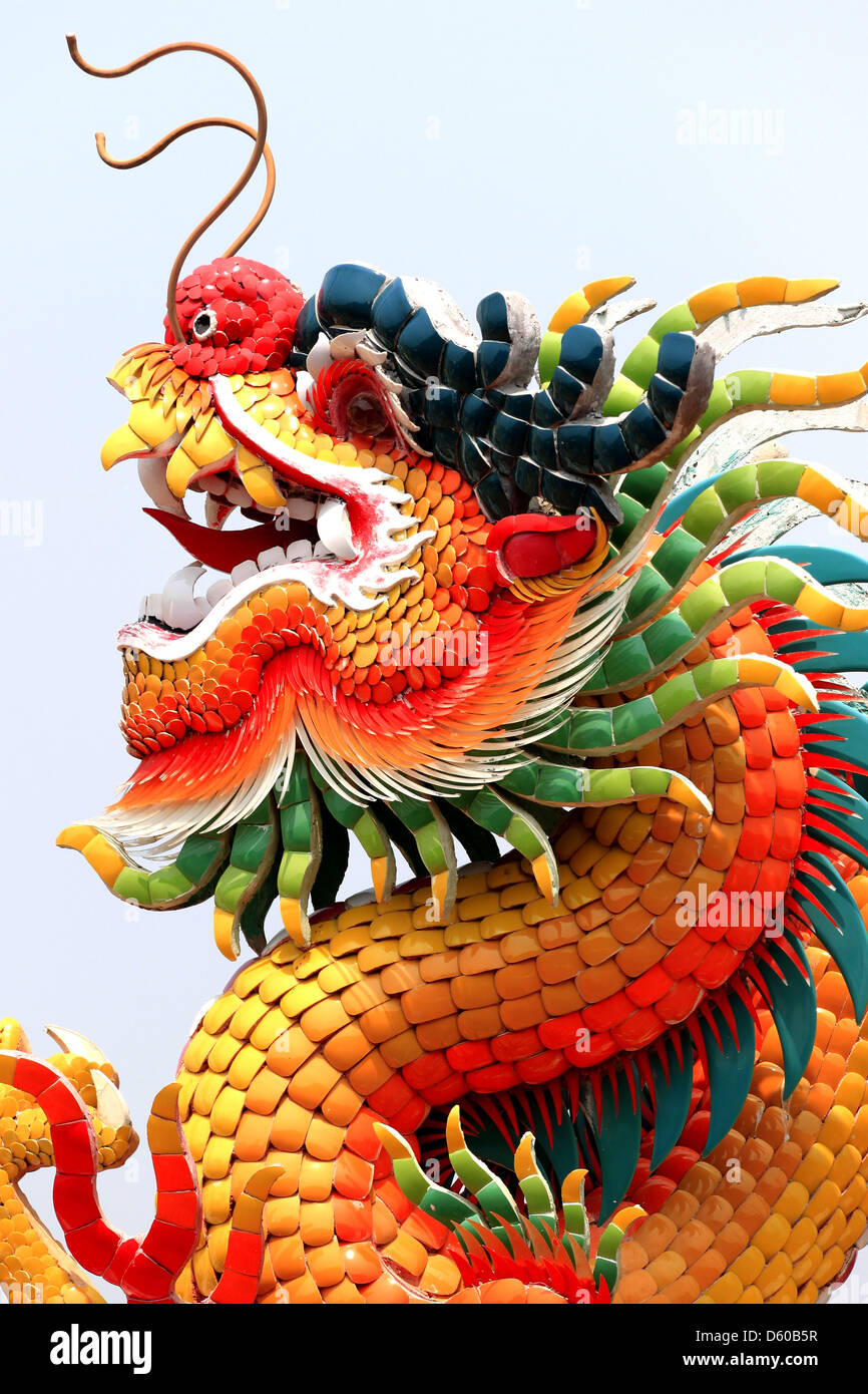 Chinese dragon statue in a temple,Chinese sculpture in Thailand. Stock Photo