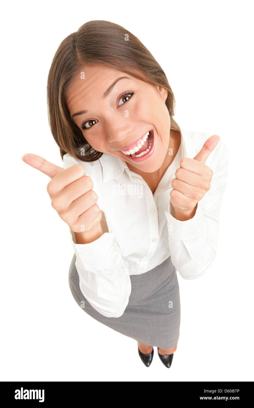Portrait of happy joyous mixed race young businesswoman showing thumbs up success sign isolated on white background Stock Photo
