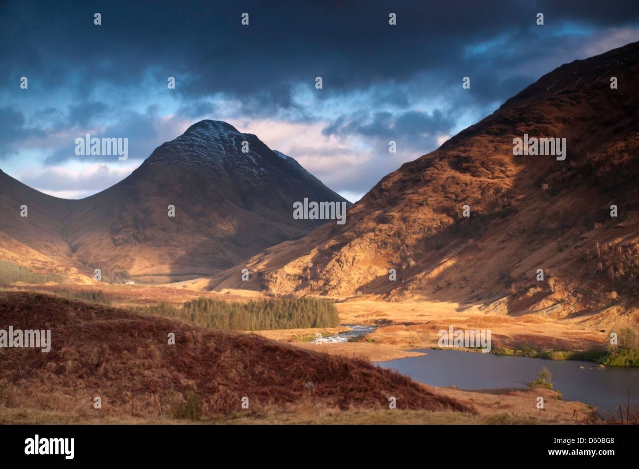 Late afternoon light in Glen Etive with Buachaille Etive Mor in the background Stock Photo