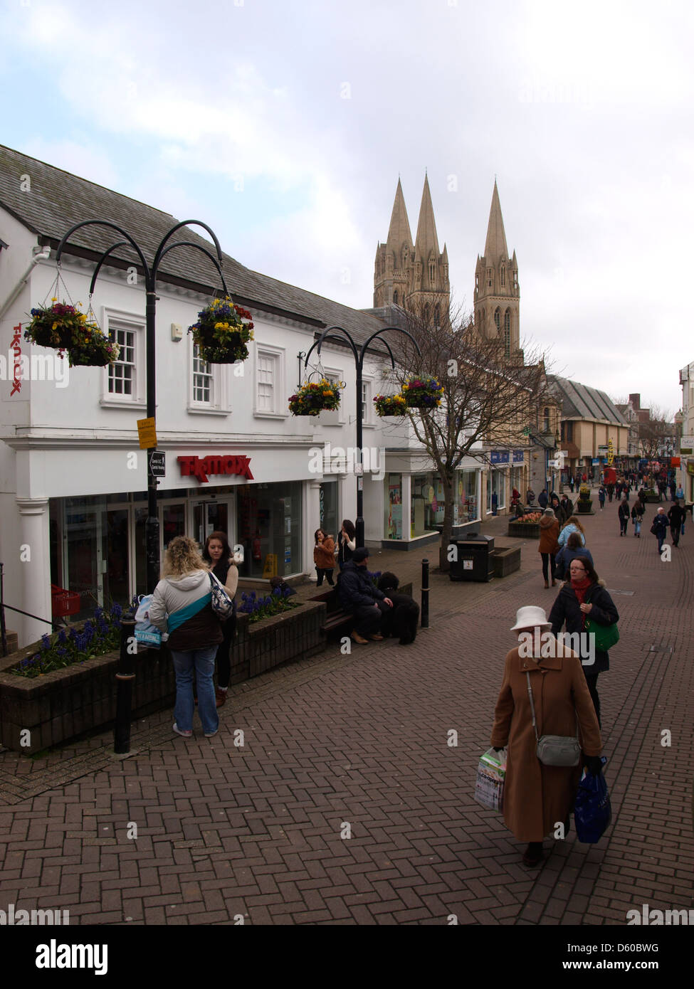 Truro street with Cathedral in the background, Cornwall, UK 2013 Stock Photo