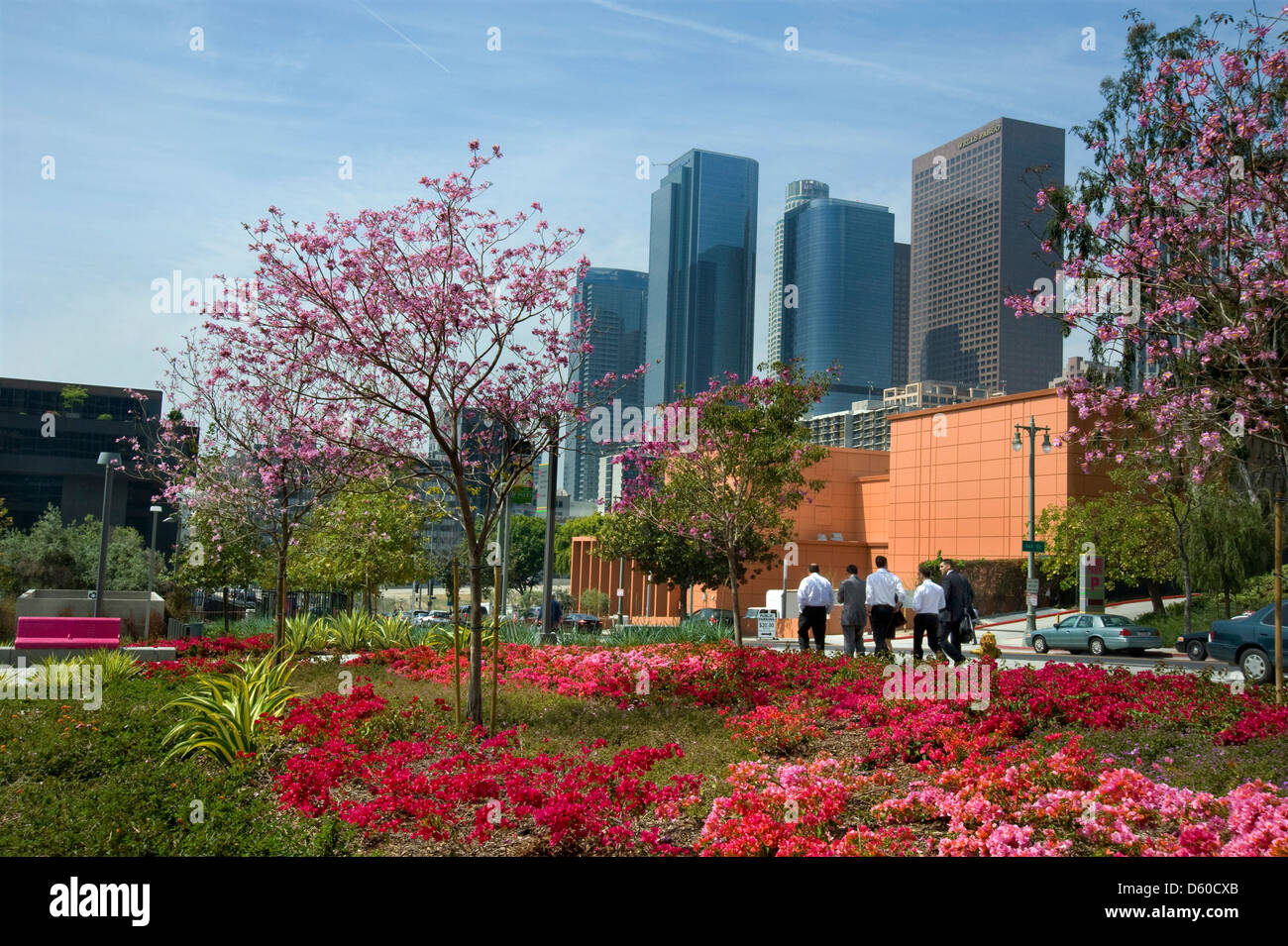Businessmen walking past colorful gardens in downtown Los Angeles Stock Photo