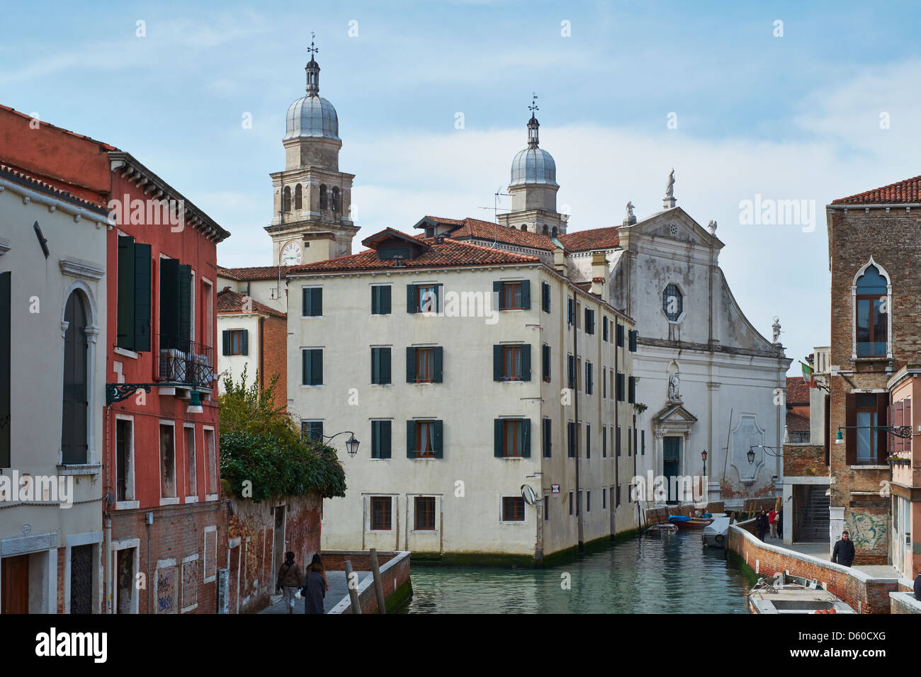 Fondamenta Briati, Venice, with view towards plain facade of Chiesa dell' Angelo Raffaele, with twin bell towers. Stock Photo