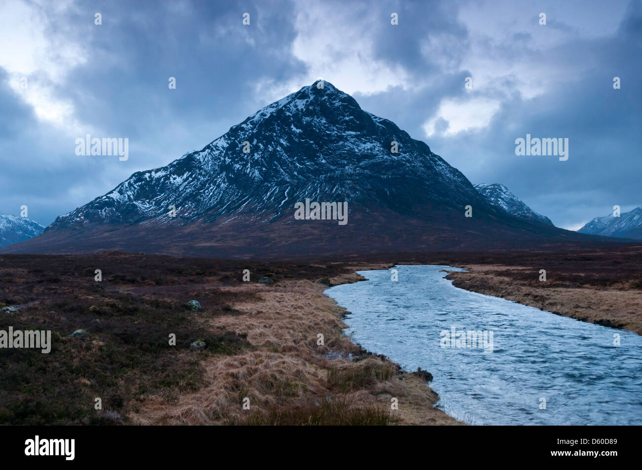 Looking down the river Etive towards Buachaille Etive Mor Stock Photo