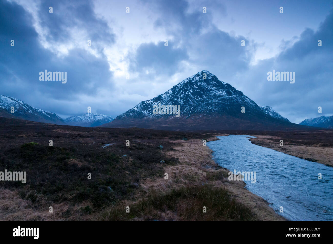 Looking down the river Etive towards Buachaille Etive Mor and Glen Etive Stock Photo