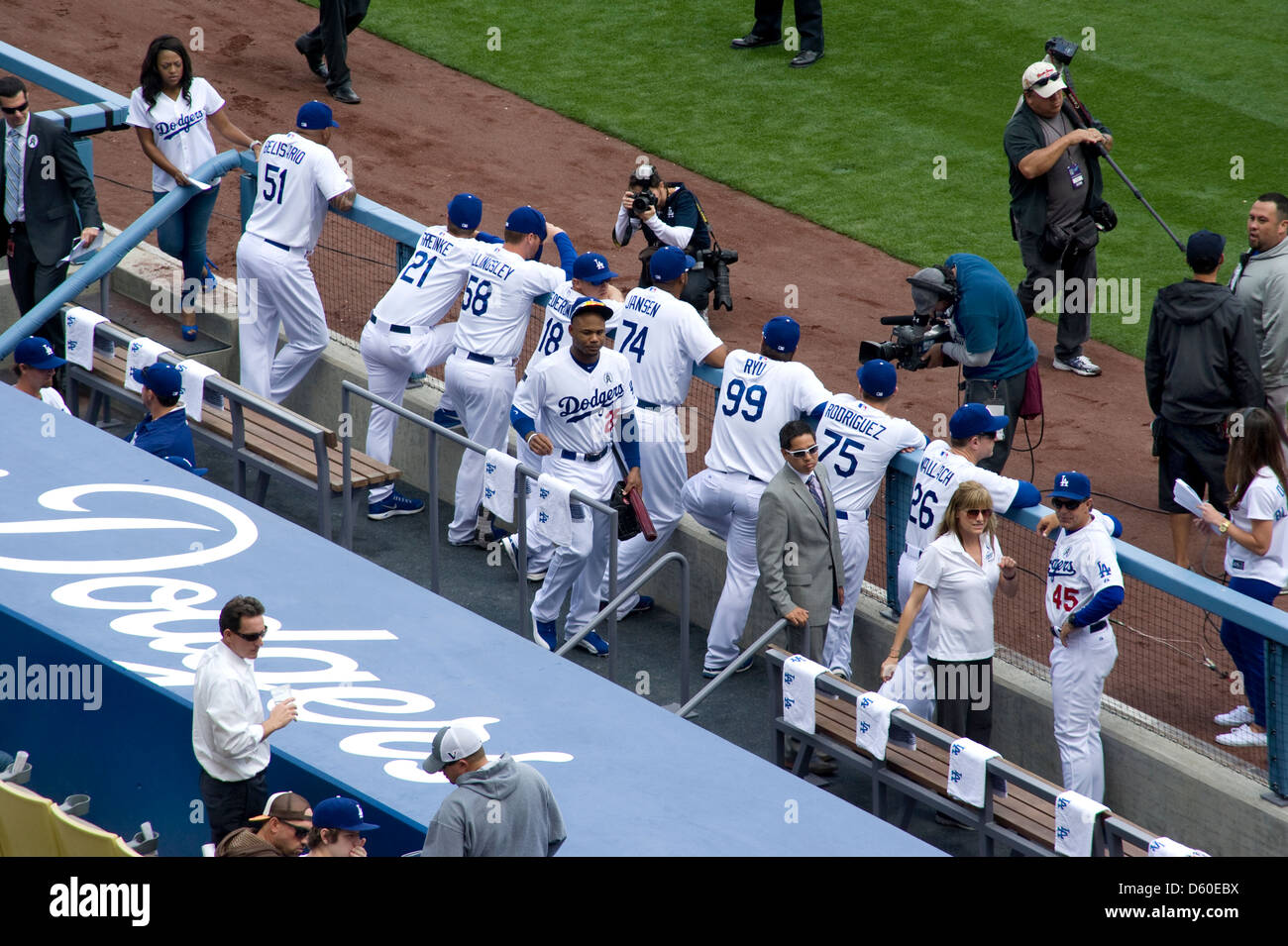 Pre-game hoopla around Dodgers dugout at Dodger Stadium in Los Angeles Stock Photo