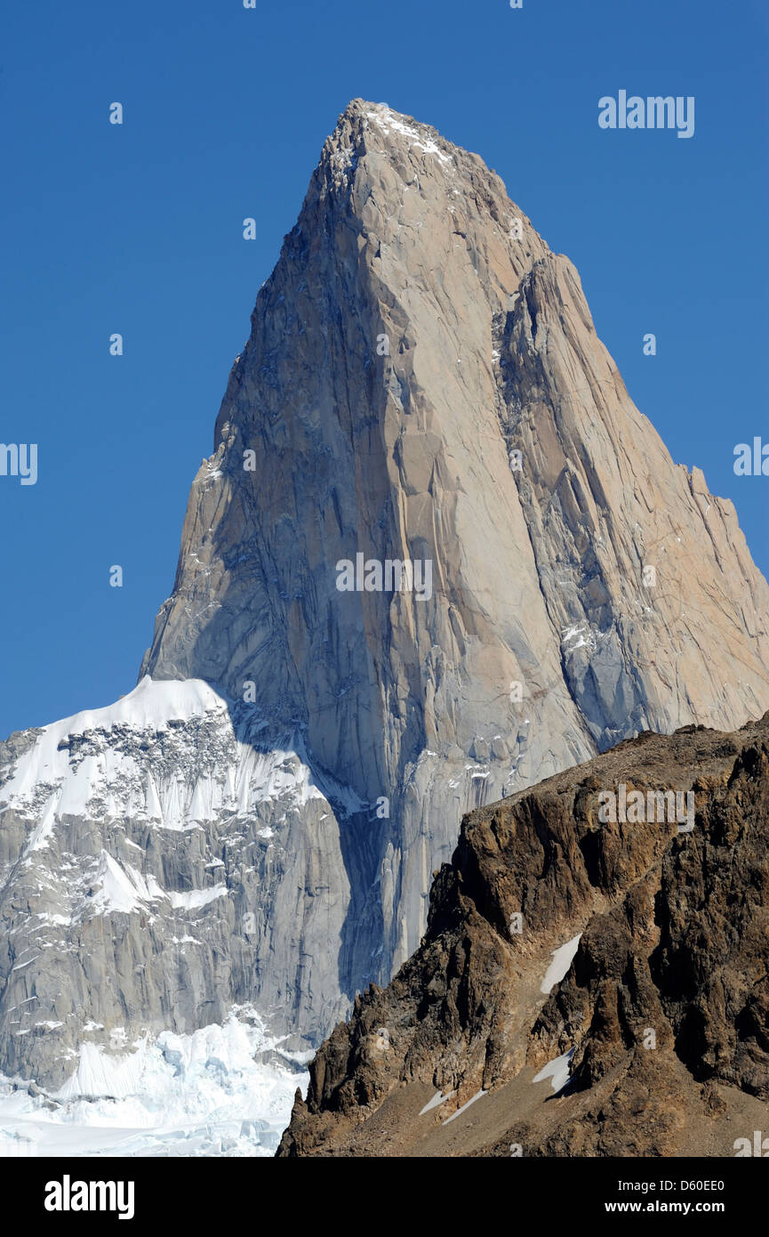 The summit of Monte Fitz Roy (Cerro Chaltén, Cerro Fitz Roy, Mount Fitz Roy, Mount Fitzroy) from the north east.  El Chaltén, Stock Photo