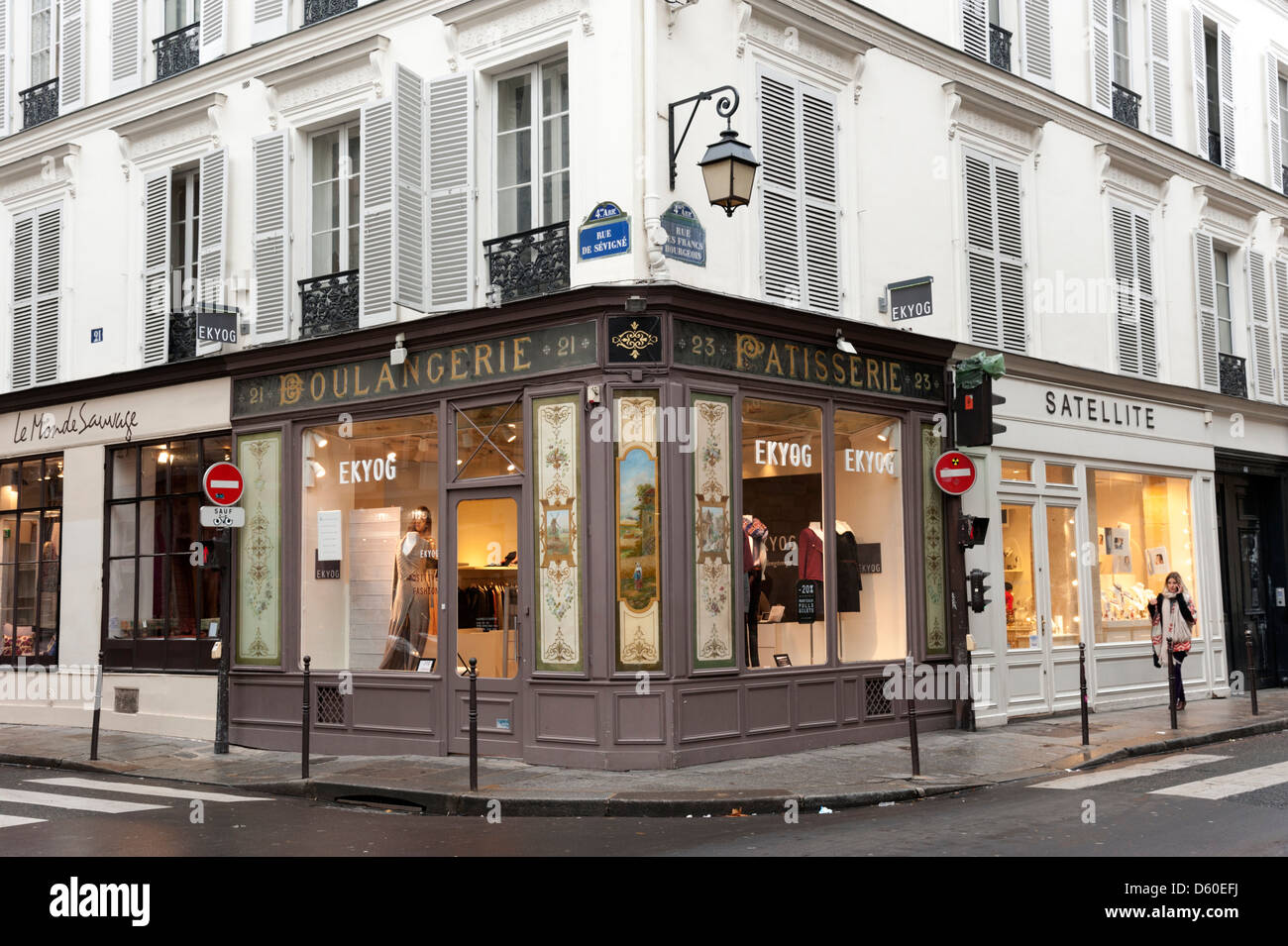 Shops in the Rue des Francs-Bourgeois in the Marais district of Paris, France Stock Photo