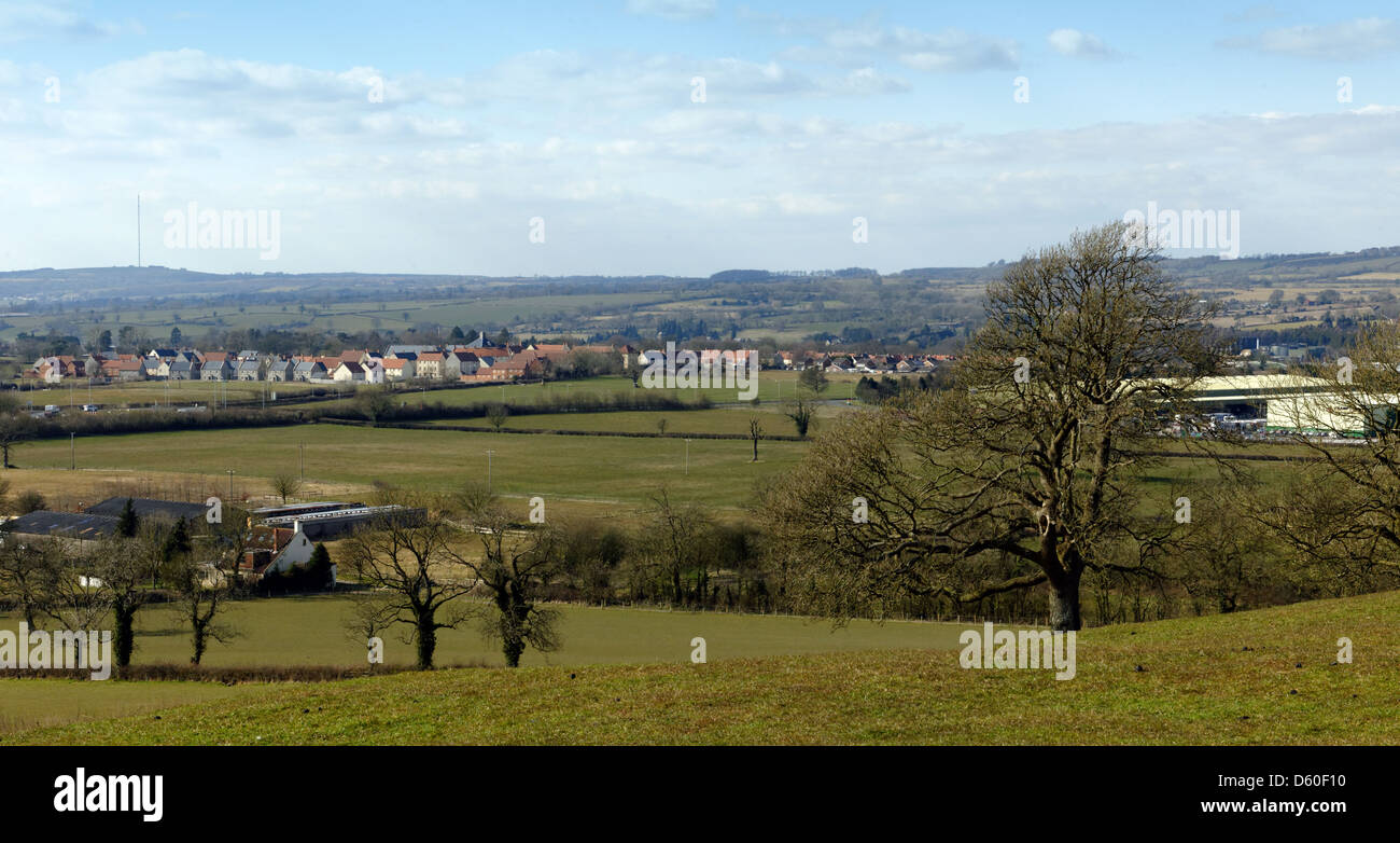 View from Whitstone Hill, Shepton Mallet, Somerset, England, looking north west towards Shepton Mallet and the Mendip Hills Stock Photo
