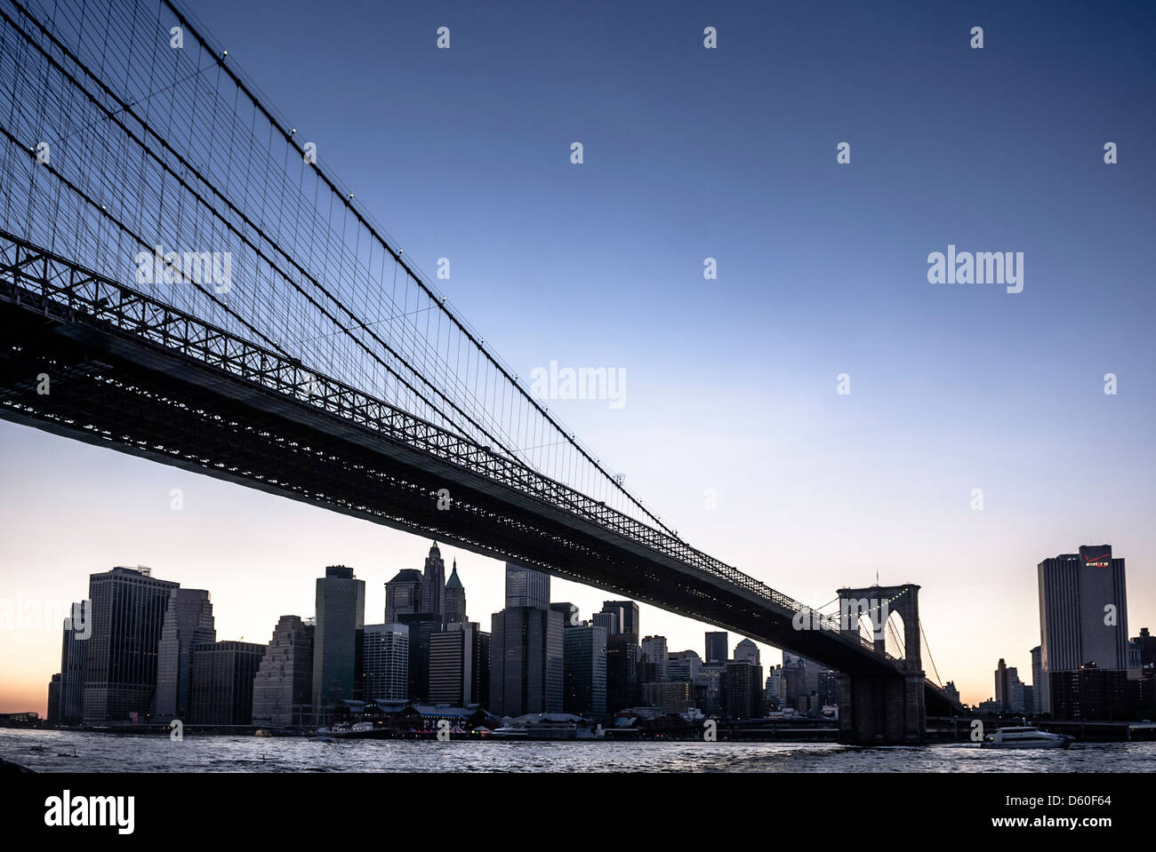 Brooklyn Bridge from a low angle, Brooklyn, New York City Stock Photo
