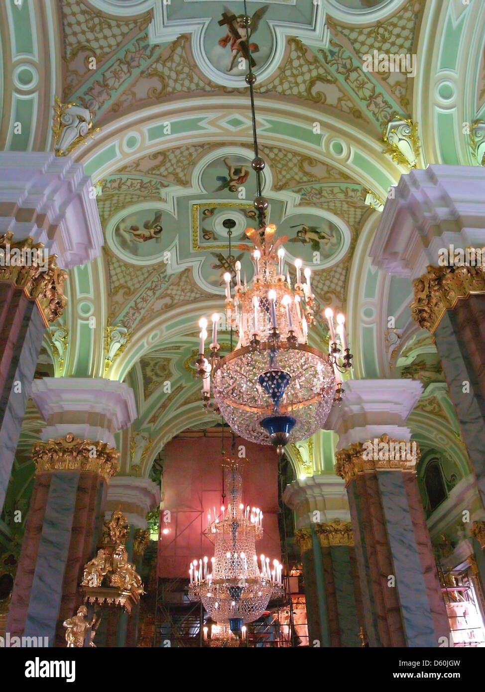 Ceiling and chandeliers of the Saint Peter and Paul Cathedral, Saint Petersburg Stock Photo