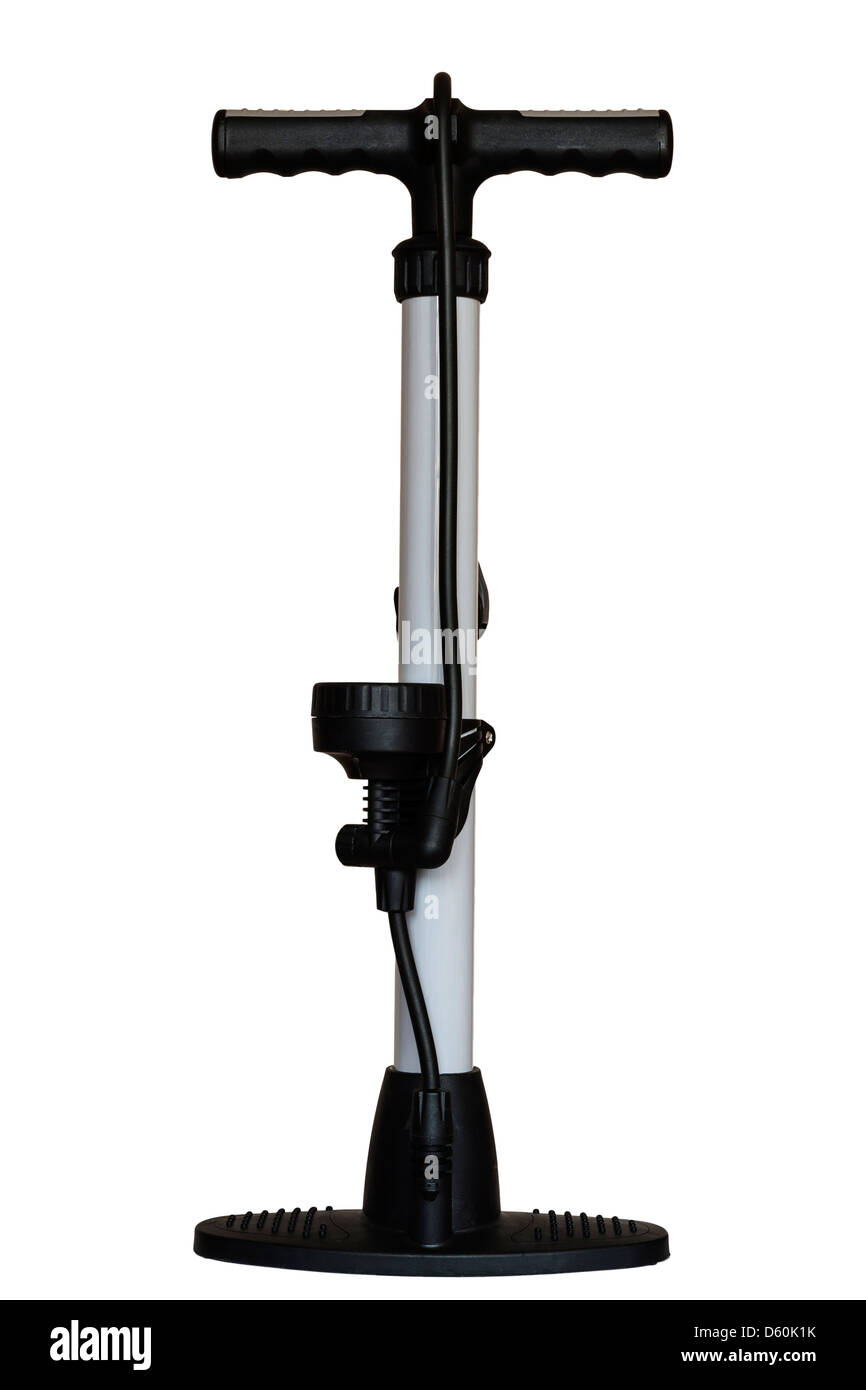 A high pressure floor bike pump with dual head on a white background Stock Photo