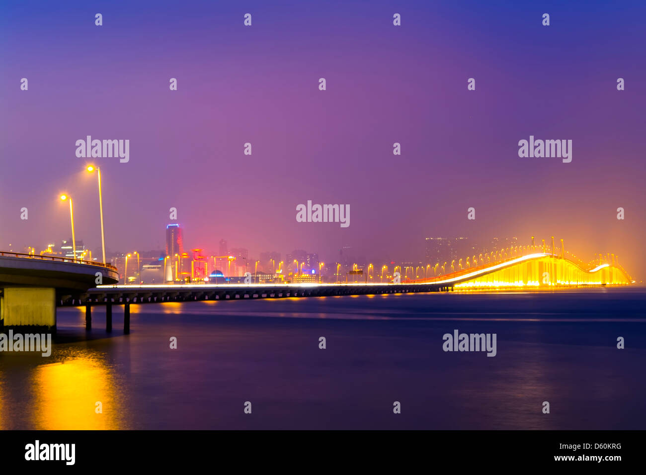 Friendship Bridge at Night. Macau. View from the Taipa. Stock Photo
