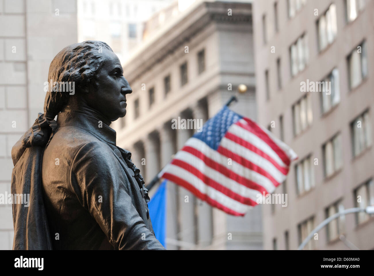 George-Washington-Memorial in front of the Federal Hall with American flag, Wall Street, Financial District, Manhattan, New York, PublicGround Stock Photo