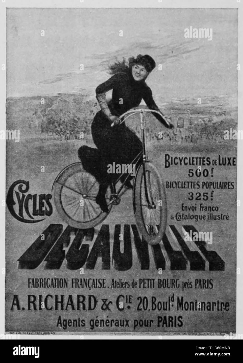 A French advertisement from the late 19th century, featuring a woman riding a bicycle. The poster is part of 'Les Affiches Illustrées,' a collection of color lithographs highlighting the artistic trends of the time. Stock Photo