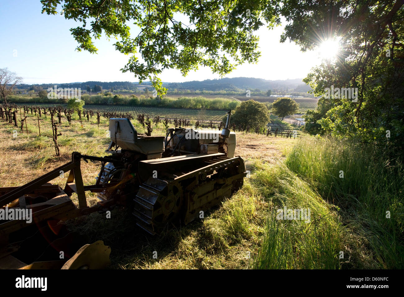 An old tractor sits on a vineyard in the Dry Creek Valley appellation of the Sonoma Wine Country near Healdsburg, CA. Stock Photo