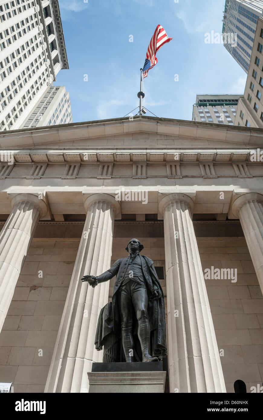 George Washington Monument in front of Federal Hall, Financial District, New York City, USA - Image taken from public ground Stock Photo