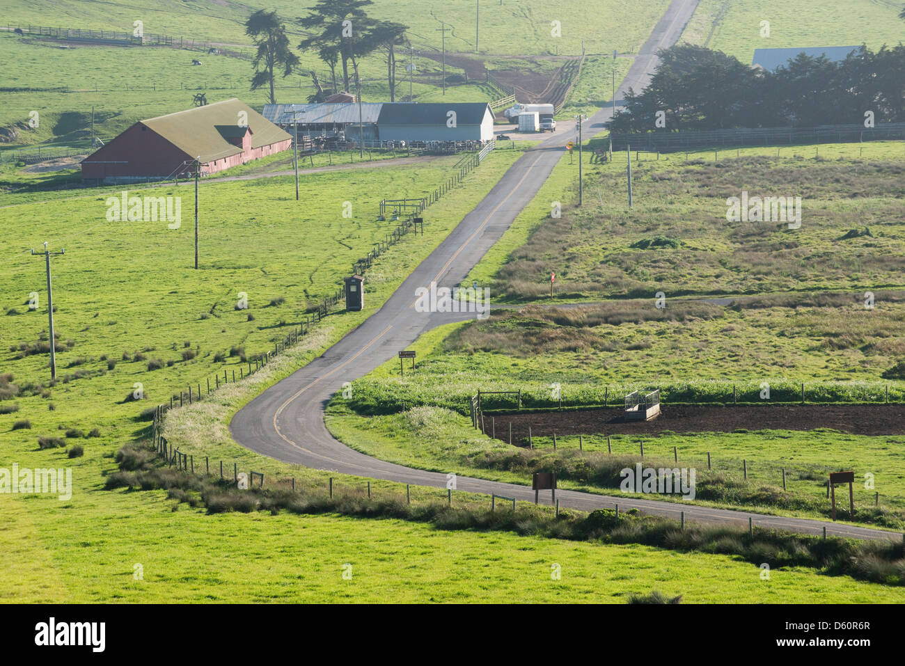 A road travels through a farm in the Point Reyes National Seashore in the Spring in Marin Country, CA. Stock Photo