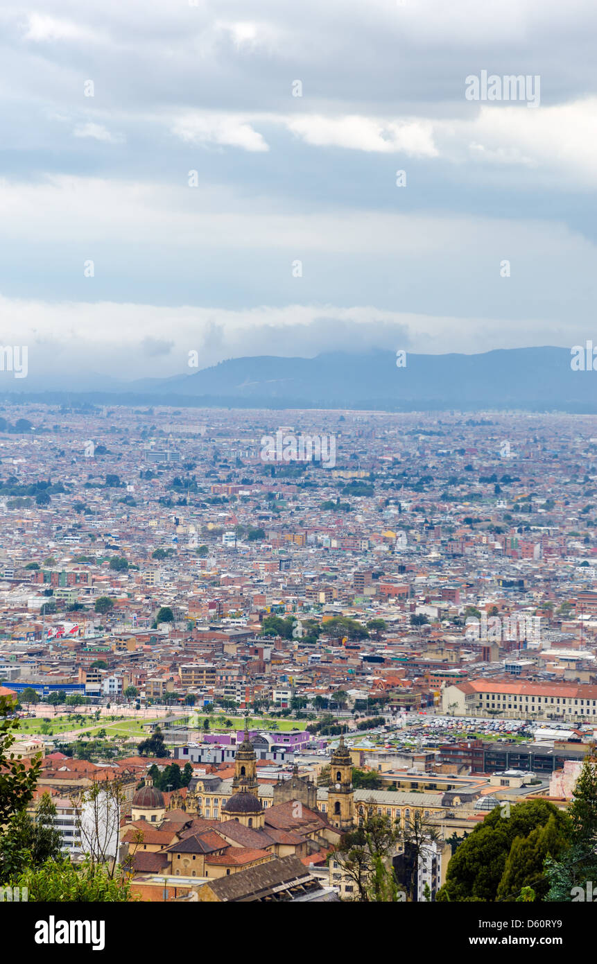 View of Bogota, Colombia with the Primary Cathedral and Andes Mountains Stock Photo