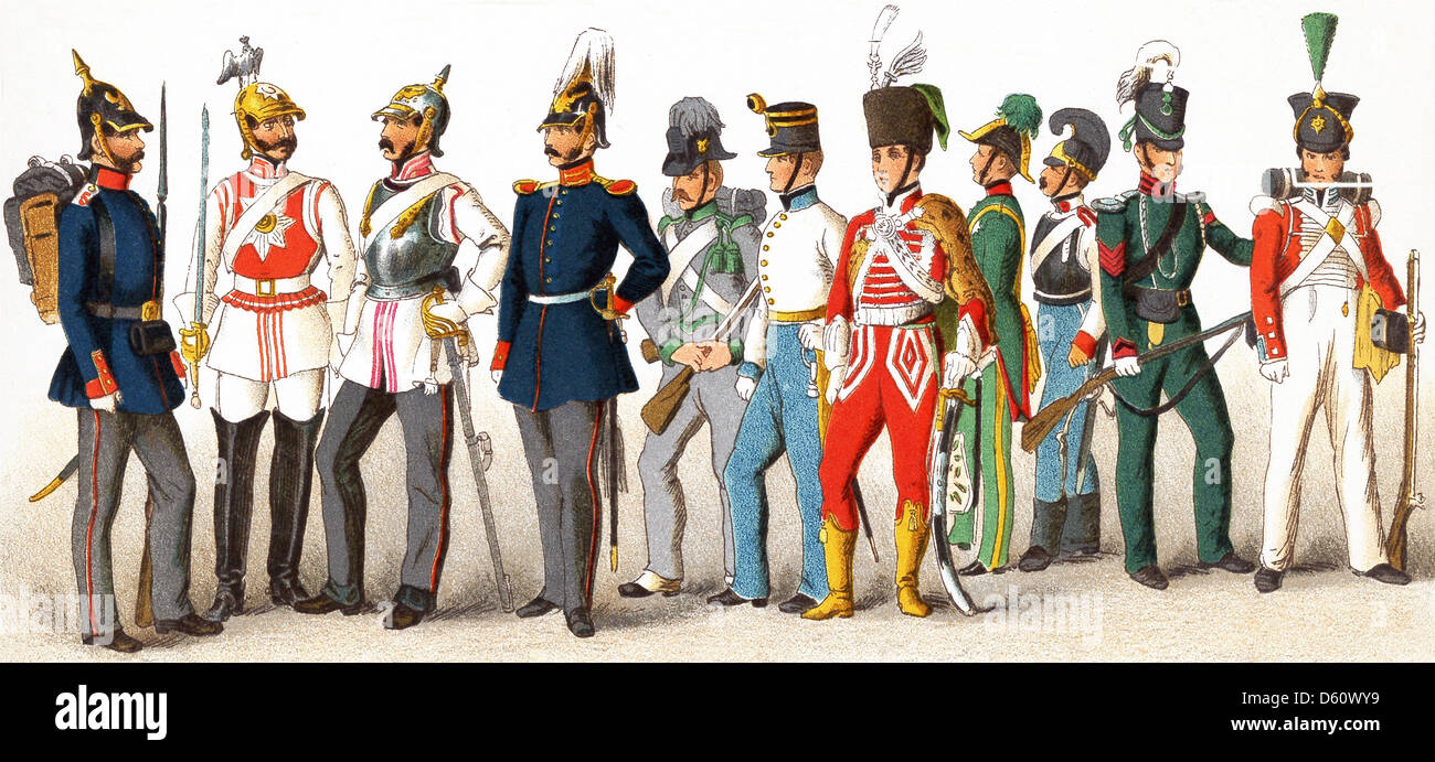 The figures represent, from left to right: four Prussians in 1846, five Austrians in 1840, and two English in 1830. Stock Photo
