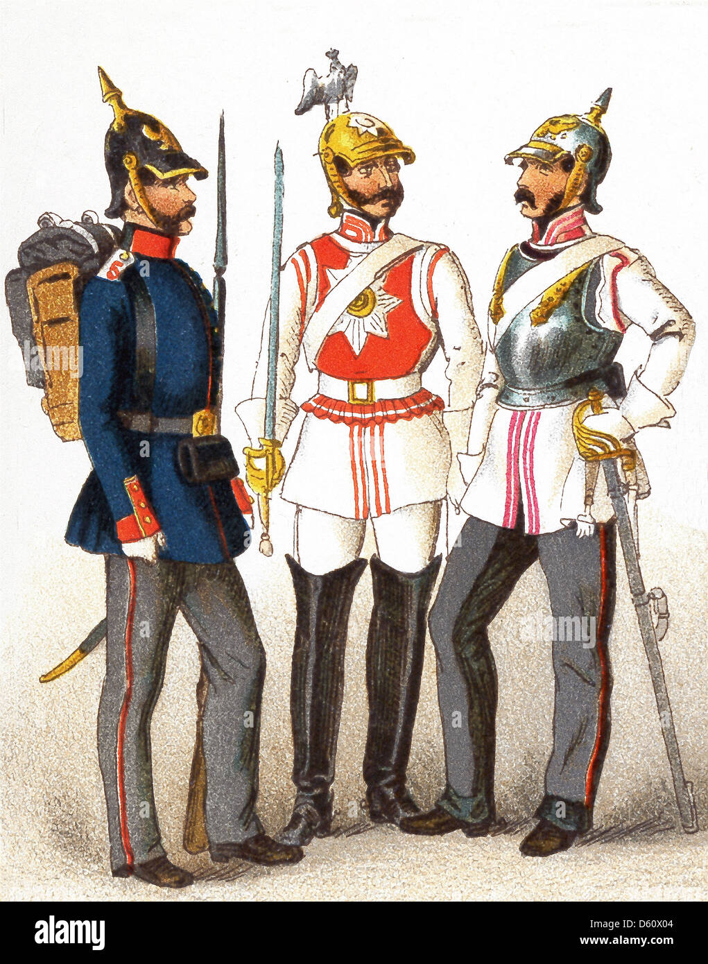 The figures represented here are, from left to right: Prussian 1846: The line, Body Guard, and Cuirassier. Stock Photo
