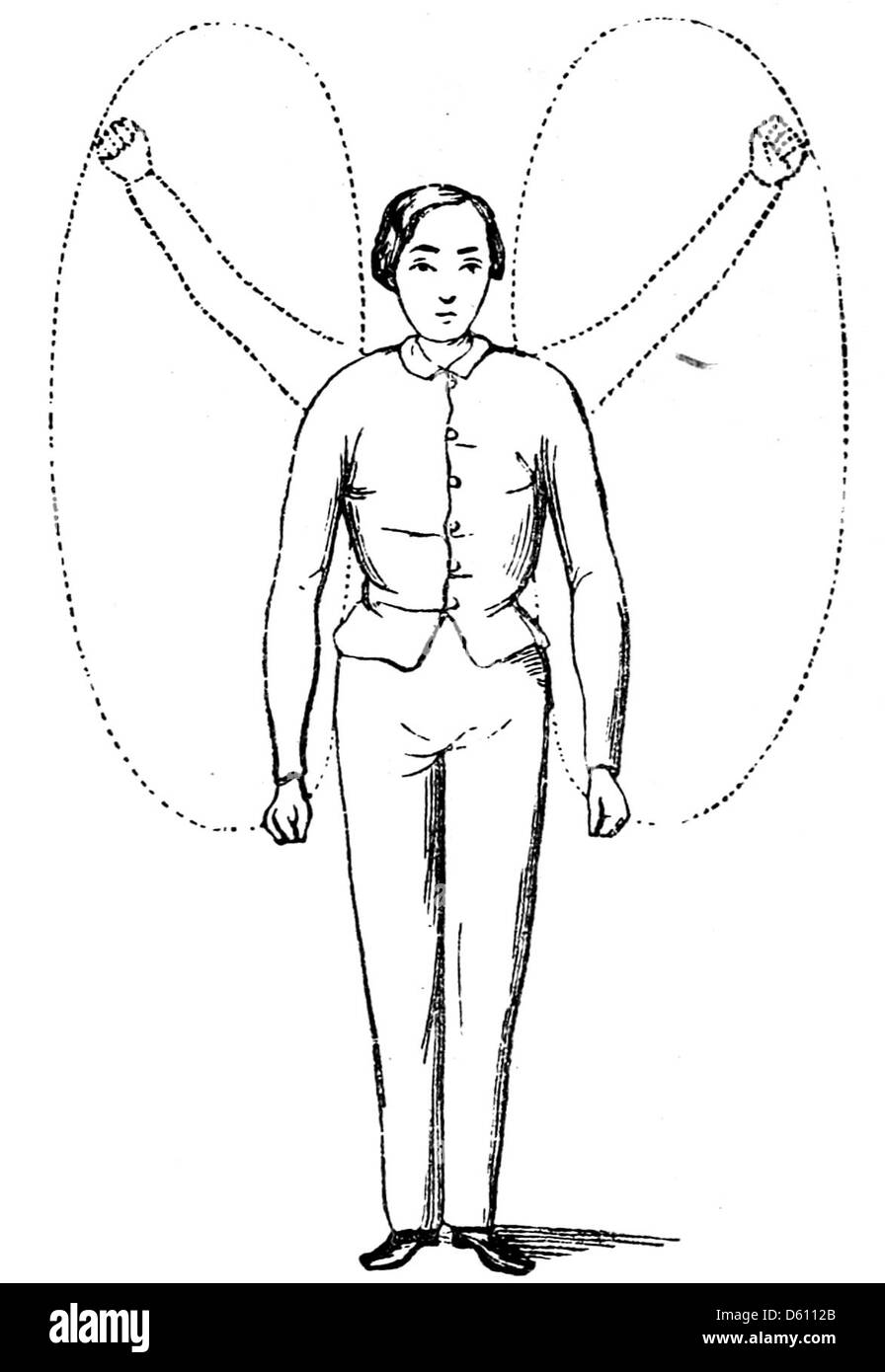 This image is from 'A Manual of Free Gymnastic and Jumb-Bell Exercises' (1864), which provides instructions for physical exercises using dumbbells and gymnastics. The book targets children and families for home-based physical activity, offering a guide to exercises for strength and flexibility. Stock Photo